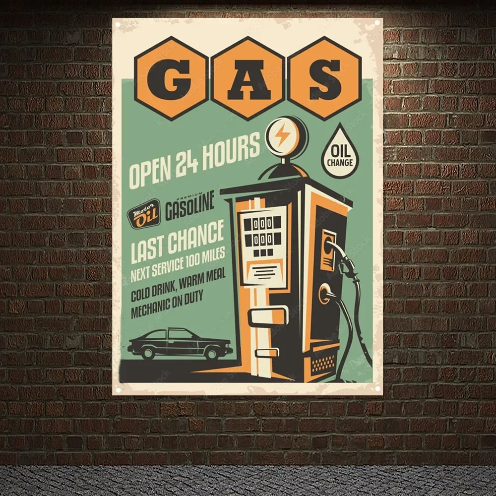 Auto Repair Shop Banners - ปั๊มน้ํามันเปิด 24 ชั่วโมง Vintage รถบริการโปสเตอร์ธง Auto