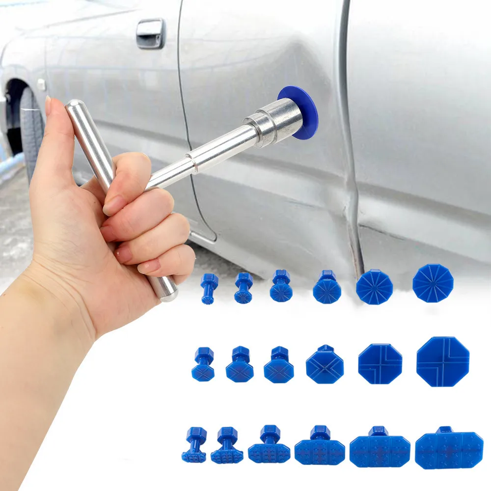 Dent Repair Puller - ชุดเครื่องมือซ่อมรอยบุบรถยนต์ พร้อมแท็บกาวพลาสติก 18 ชิ้น ด้ามจับโลหะรูปตัว T