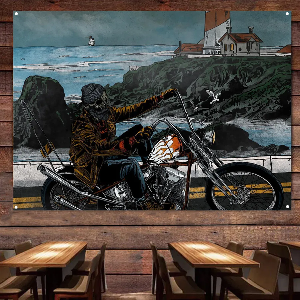 Auto Repair Shop Banners - Seaside Skeleton Biker รถจักรยานยนต์ Art โปสเตอร์แขวนผนังภาพวาดโรงรถธง