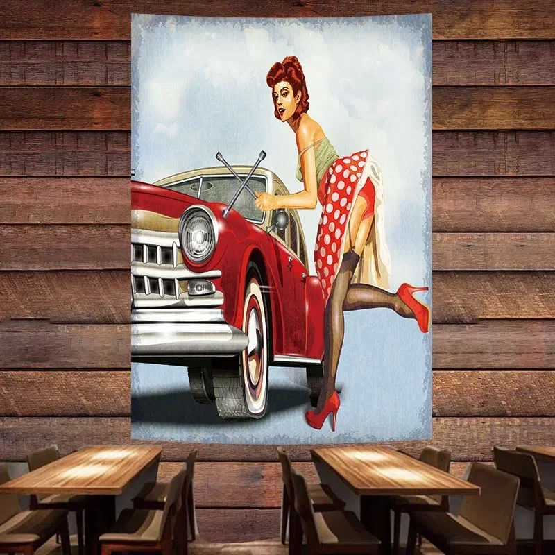 Auto Repair Shop Banners - โปสเตอร์บริการซ่อมรถยนต์โบราณ ลายสาวพินอัพ ผ้าแขวนผนัง ภาพวาดติดผนัง ตกแต่งผนังโรงซ่อมรถ ป้ายตกแต่งร้านเติมน้ำมัน