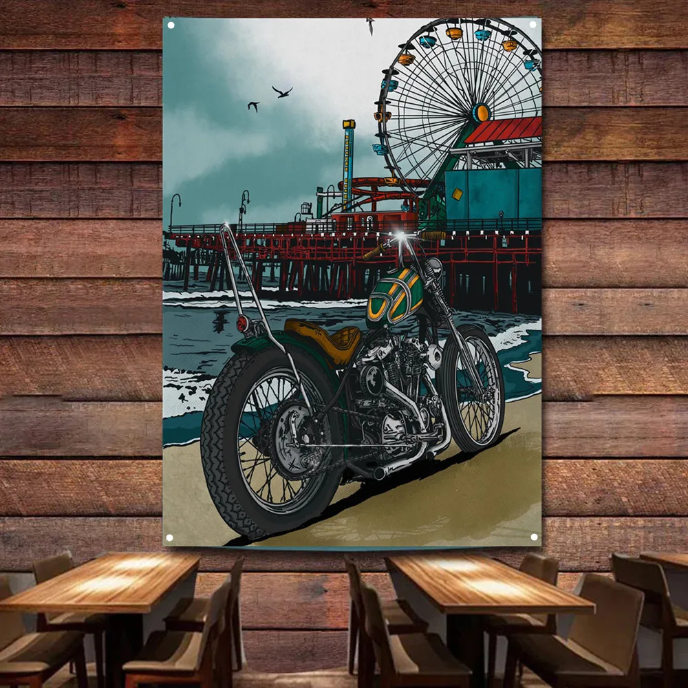 Auto Repair Shop Banners - Seaside รถจักรยานยนต์ Art โปสเตอร์แขวนผนังภาพวาดโรงรถธง Auto Repair