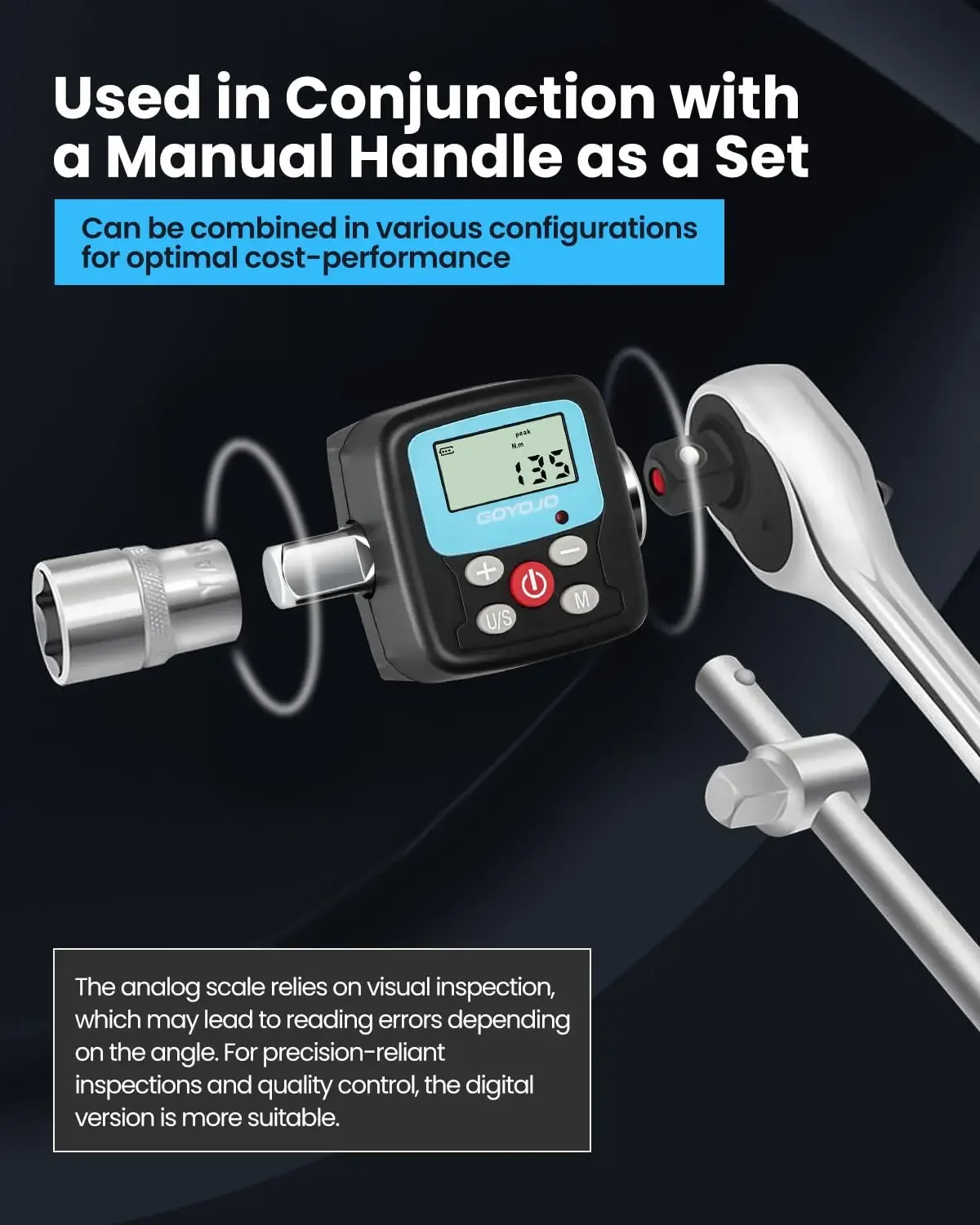 Torque Wrench Digital - อะแดปเตอร์ประแจแรงบิดดิจิตอล GOYOJO - ตัวแปลงเครื่องมือแรงบิดอิเล็กทรอนิกส์ที่มีความแม่นยําและมิเตอร์พร้อมจอแสดงผล LCD รวมถึง