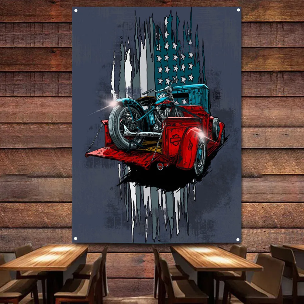 Auto Repair Shop Banners - รถจักรยานยนต์บนรถ Art โปสเตอร์แขวนผนังภาพวาดโรงรถธง Auto Repair Shop